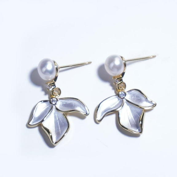 【Drop Earrings】White Petal Earrings with Zircon, Elegant Romantic Style for Women's Daily & Light Gown Looks