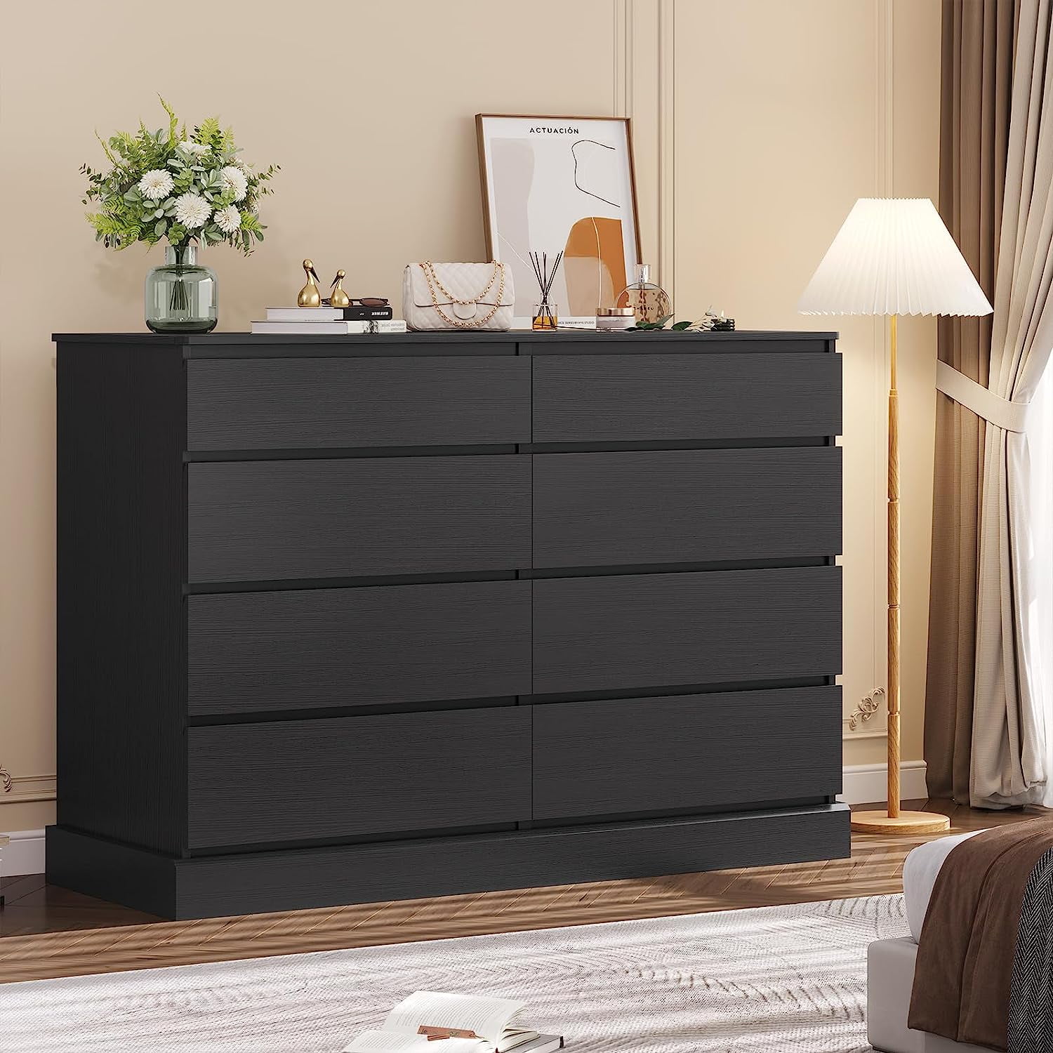 Black Double Dresser with 8 Drawers for Bedroom, Wide Chest of Drawers