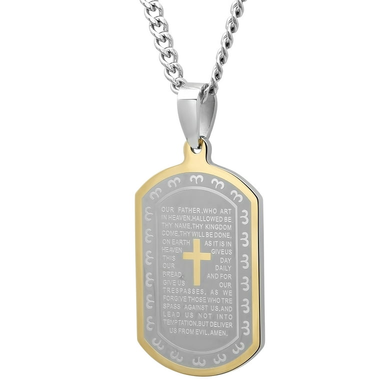 Mens Two Tone Stainless Steel The Lord s Prayer Dog Tag Pendant Necklace