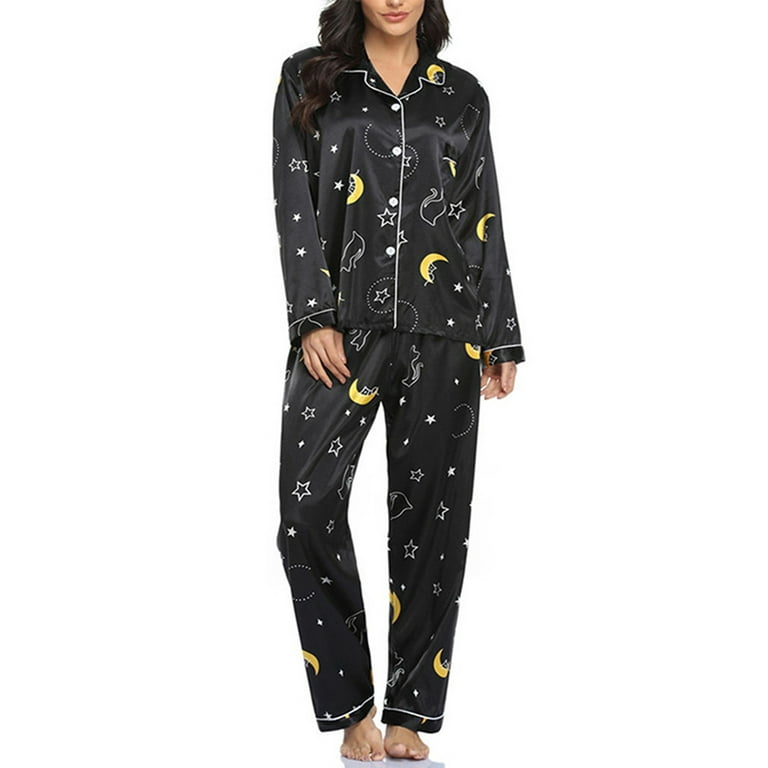 Grianlook Women Silk Pajama Set Nightwear Pj Set Polka Dot Shirt