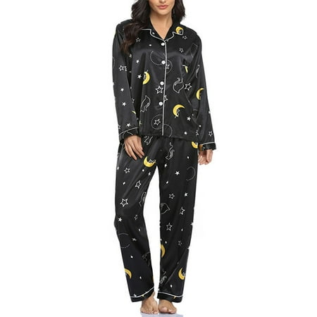 

Glookwis Women Shirt And Pants Nightwear Casual Pajamas Sets Lapel With Pocket Sleepwear Floral Print Elastic Waist Loungewear Lounge Set Black Star M