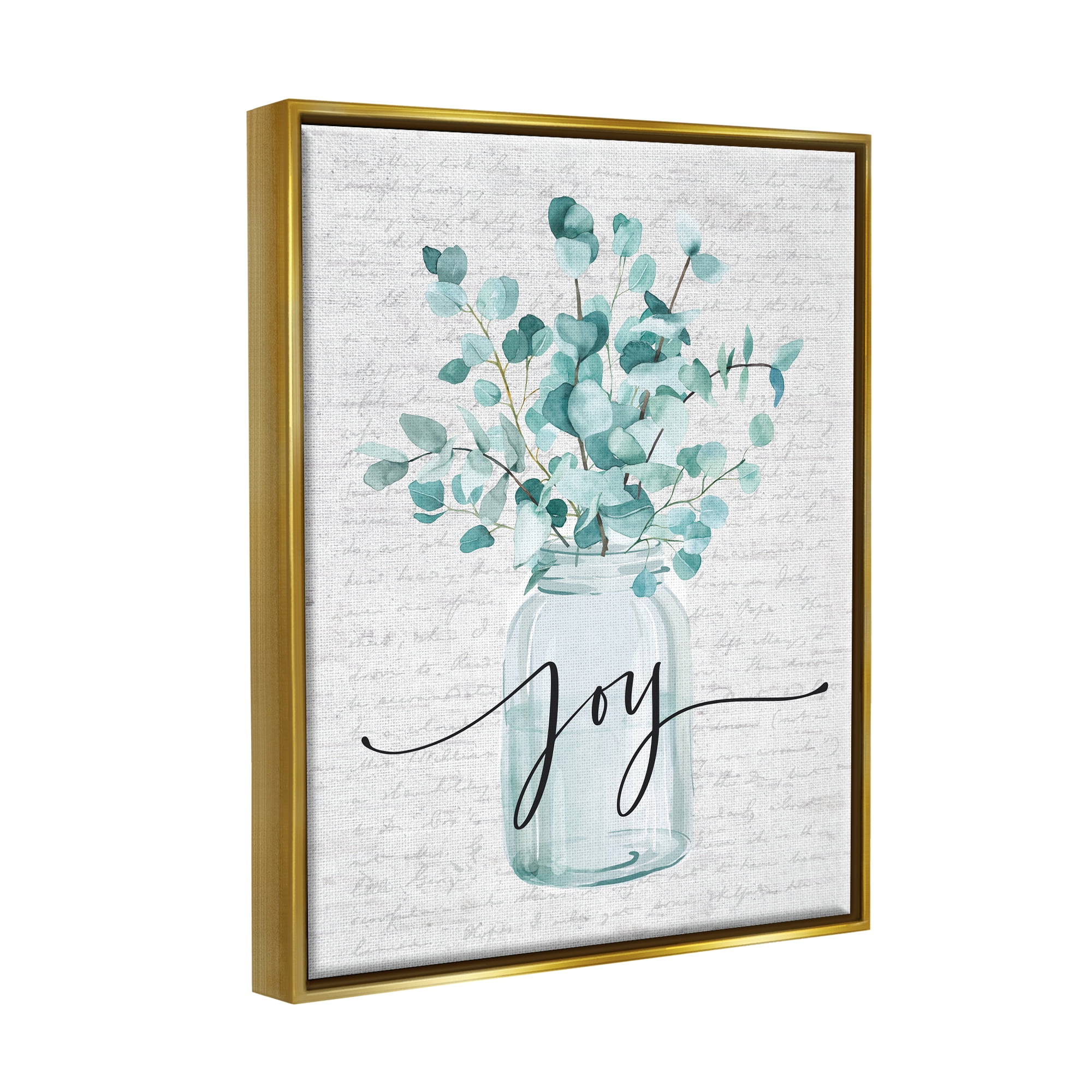 Stupell Industries Aqua Blue Plant Leaves In Jar Joy Text Design Metallic Gold Framed Floating Canvas Wall Art, 16x20, by Lettered and Lined