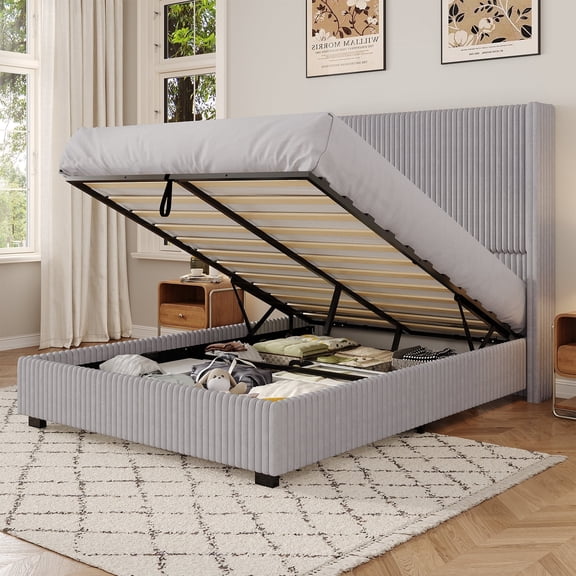Queen Size Lift Up Storage Bed Frame with 51" Tall Headboard, Hydraulic Storage, 2 USB Ports, Corduroy Upholstered Wingback Headboard, No Box Spring Needed, Noise-Free Platform Bed in Light Grey