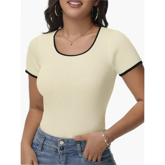 Women's Short Sleeve Square Neck Color Block T Shirt Summer Slim Fit Basic Tee Tops