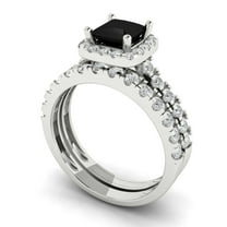 2.01 ct Brilliant Princess Cut Natural Onyx 18K White Gold Halo Solitaire with Accents Engagement Bridal Wedding Ring Band Set size 5