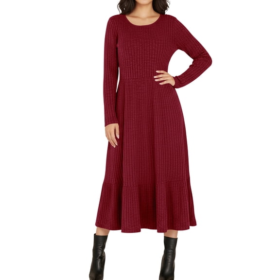 BLTIBY Women's Long Sleeve Maxi Dress Fall Winter Round Neck Knit Elegant Slim A Line Wedding Guest Dresses Wine S