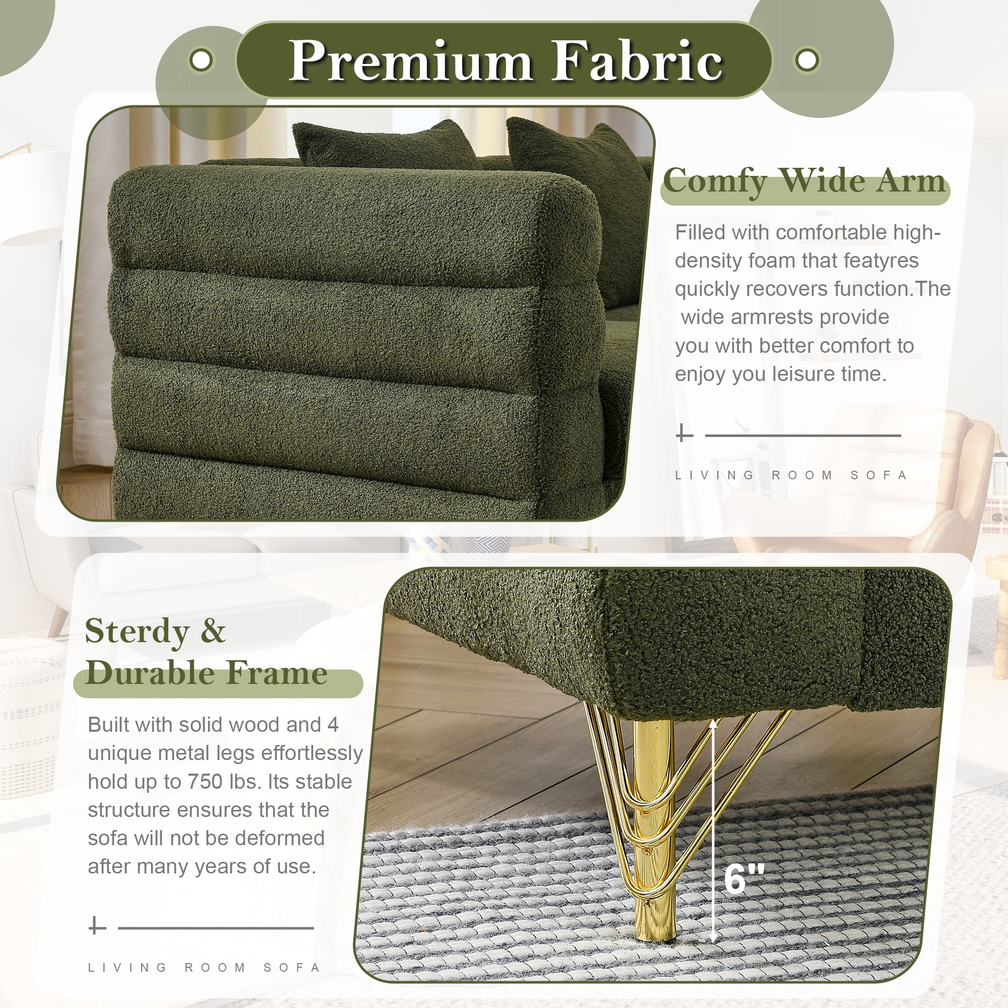 81"L Couches and Sofas, Atumon 3-Seat Sofa Couch, Mid-Century Upholstered Sofa Furniture with 4 Metal Legs and 3 Pillows, Modern Sofa for Living Room Bedroom Apartment, 81"L x 32"W x 28"H, Green