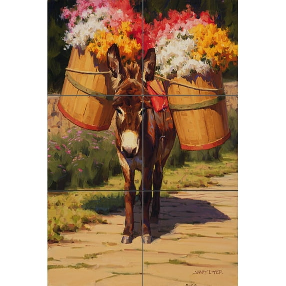 Tile Mural Kitchen Backsplash - Donkey with Flowers - by Jimmy Dyer