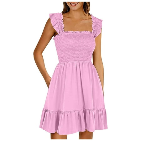 QYZEU Women s Casual Dresses Solid Color Midi Beach Dress Womens Sleeveless Square Neck Smocked Ruffle Backless Boho Short Mini Dress Flowy Party Dress Pink M