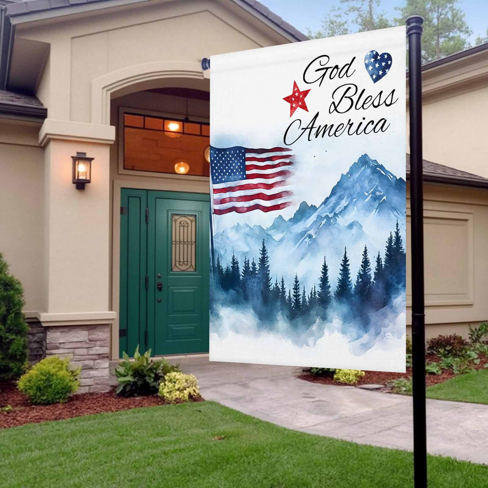 Independence Day Garden Flag 28x40 Inch God Bless American Mountains Double Sided Small Decorative Garden Flags for Outside, Outdoor Yard Porch Lawn Decoration