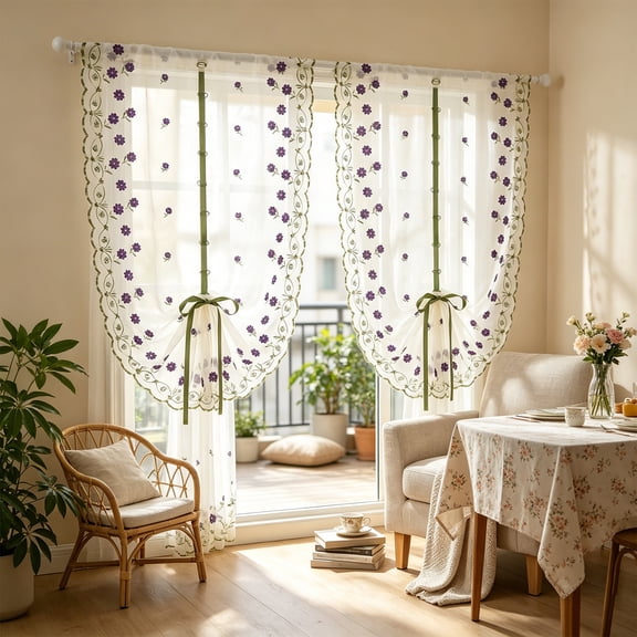 Rod Pocket Scalloped Floral Embroidered Sheer Curtain,Tie Up Light Filtering Balloon Window Drape for Bedroom,Living Room,Kitchen,Cafe Decor