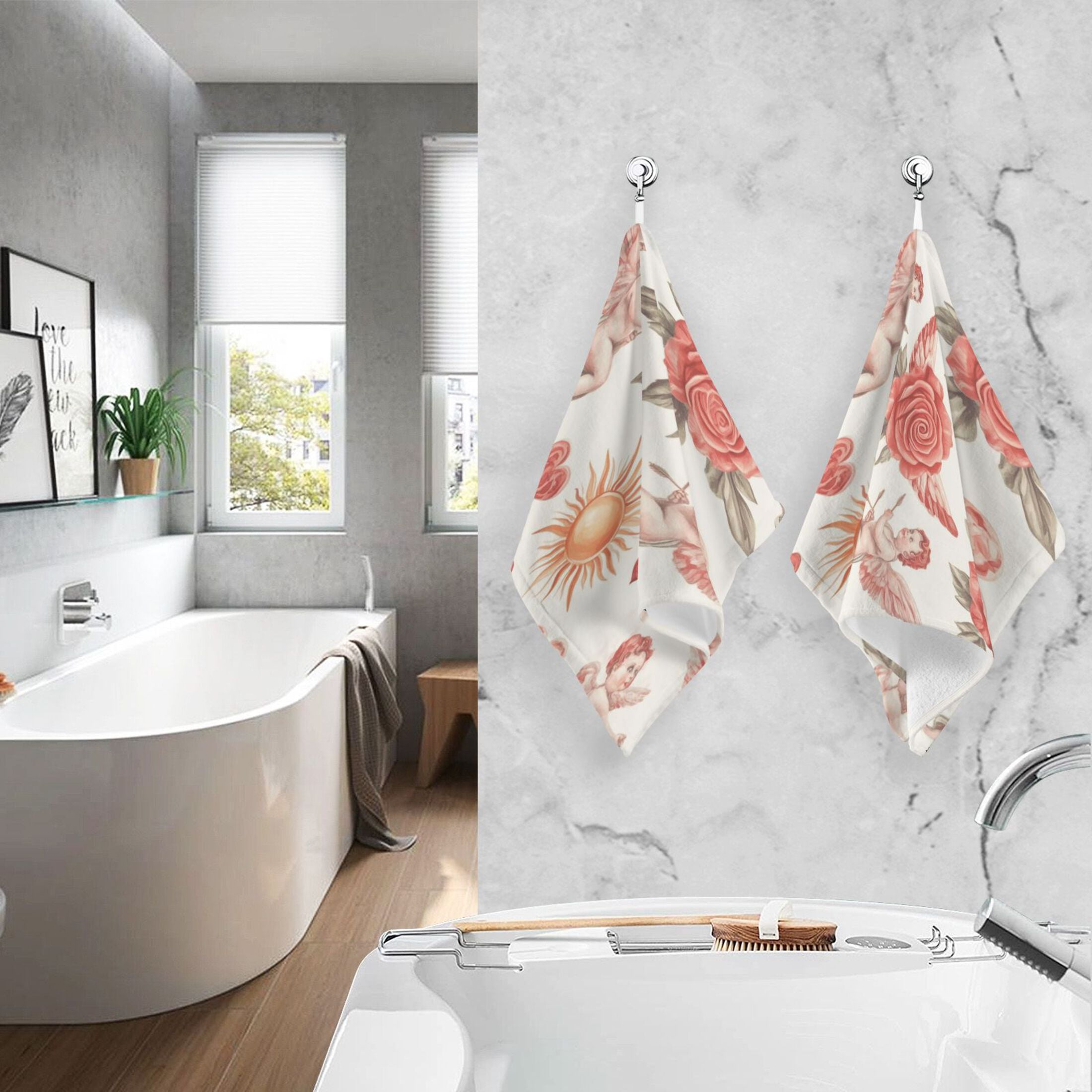 2 Pcs Absorbent Face Towel Bath Hand Towels Soft Breathable Cotton Towel Set for Bathroom Kitchen Hotel Spa Decor Watercolor Red Roses