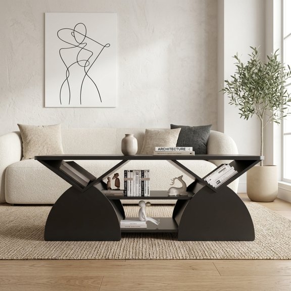 Modern Rectangular Coffee Table with 6 Storage Shelves - Black Engineered Wood
