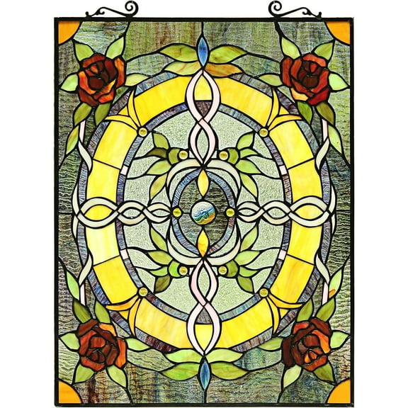 CHLOE Bonica Tiffany-Style Floral Stained Glass Window Panel 24" Height