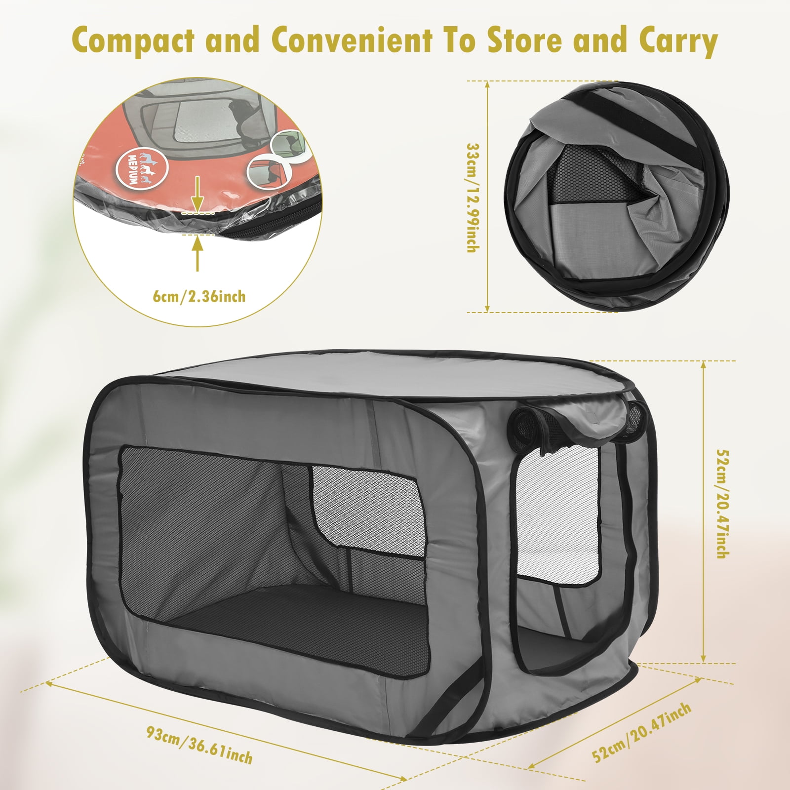 Jetcloudlive Dog Travel Crate Foldable Pop Up Dog Crate with Storage Bag 36.6×20.5×20.5 Inch Travel Pet Kennel Small Dog Tent Crates Cage Portable Puppy Seat Kennel for Indoor Outdoor Puppy Cat