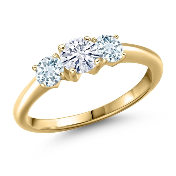 Gem Stone King 10K Yellow Gold White Moissanite and Sky Blue Aquamarine Engagement Ring for Women | 1.00 Cttw | Round 5MM | Gemstone Birthstone | Size 5