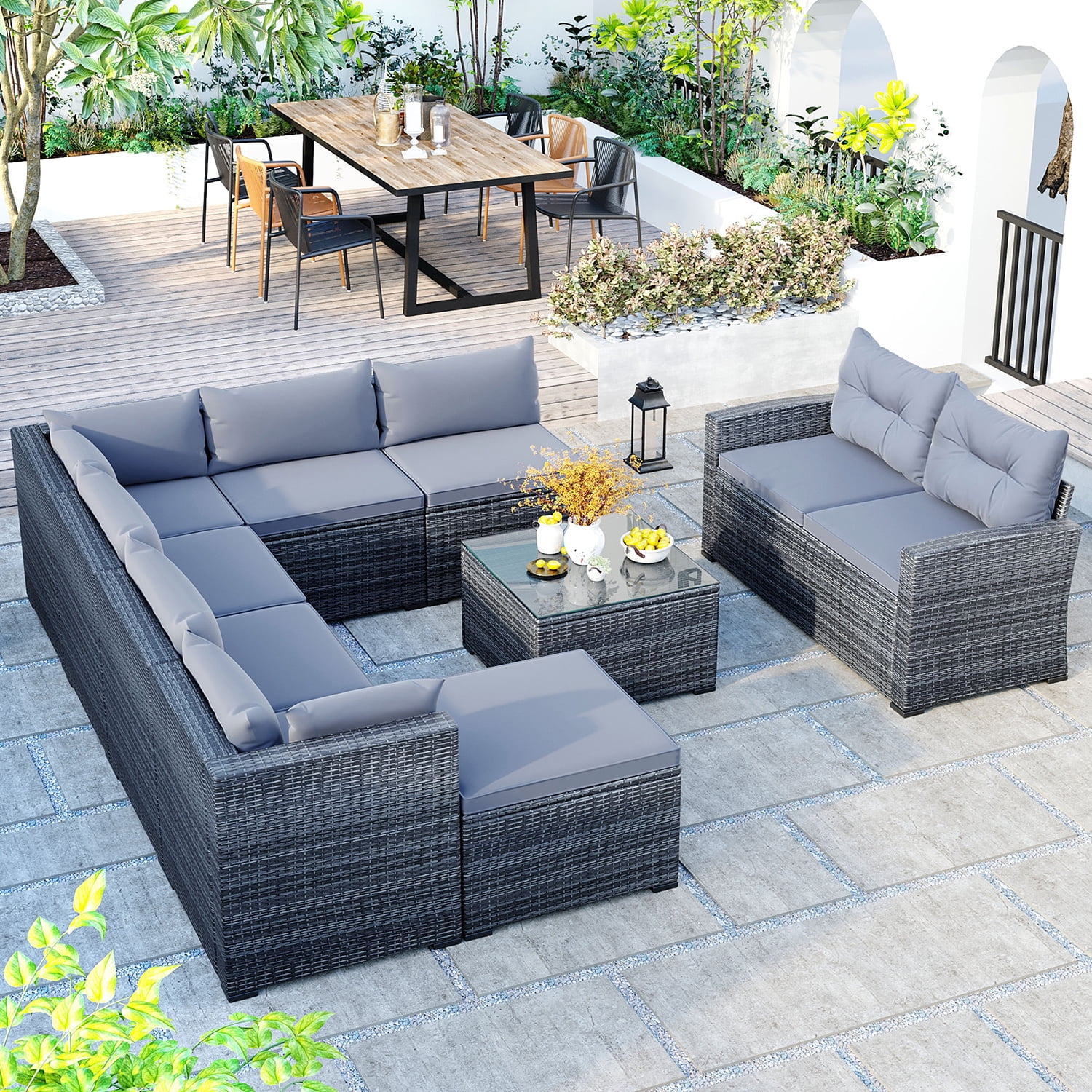 Kadyn 9-piece Outdoor Patio Large Wicker Sofa Set, Rattan Sofa Set for Garden, Outdoor Conversation Set with Cushions & Coffee Table, Gray Kadyn 9-piece Outdoor Patio Large Wicker Sofa Set, Rattan Sofa Set for Garden, Outdoor Conversation Set with Cushions & Coffee Table, Gray