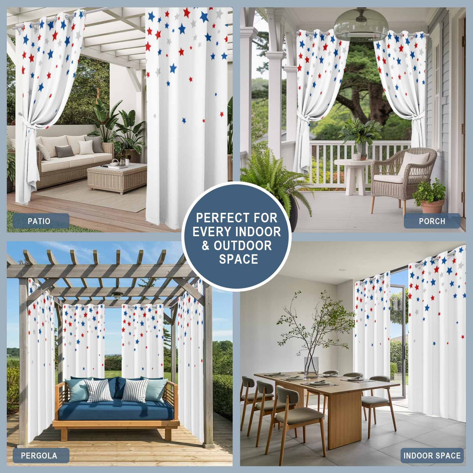 Independence Day Outdoor Curtains for Patio, Day 4th of July Ombre Blue Red Gray Star on White Sunshade Privacy Drapes Grommet Waterproof Outside Curtains for Porch/Cabana/Balcony 54"x 108", 1 Panel