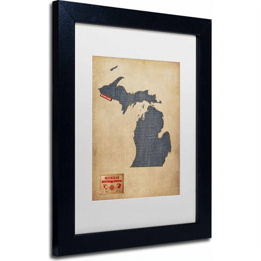 Trademark Fine Art "Michigan Map Denim Jeans Style" Canvas Art by Michael Tompsett, White Matte, Black Frame