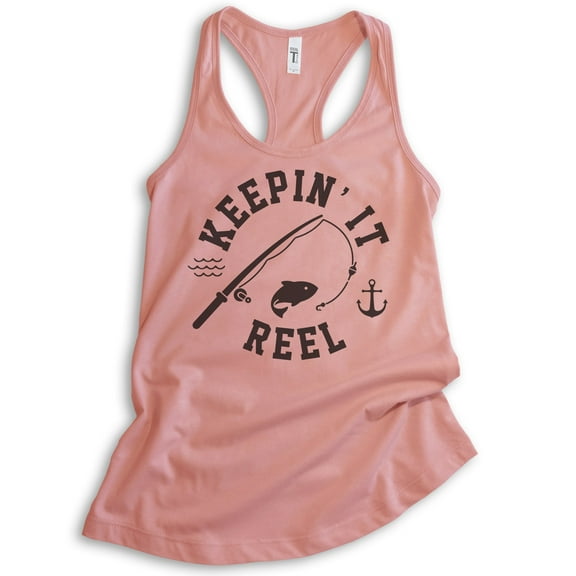 Keepin' It Reel Tank Top, Ladies Racerback Tank Top, Fishing Tank, Fish Pun Tank, Fisherman Tank, Desert Pink, Large