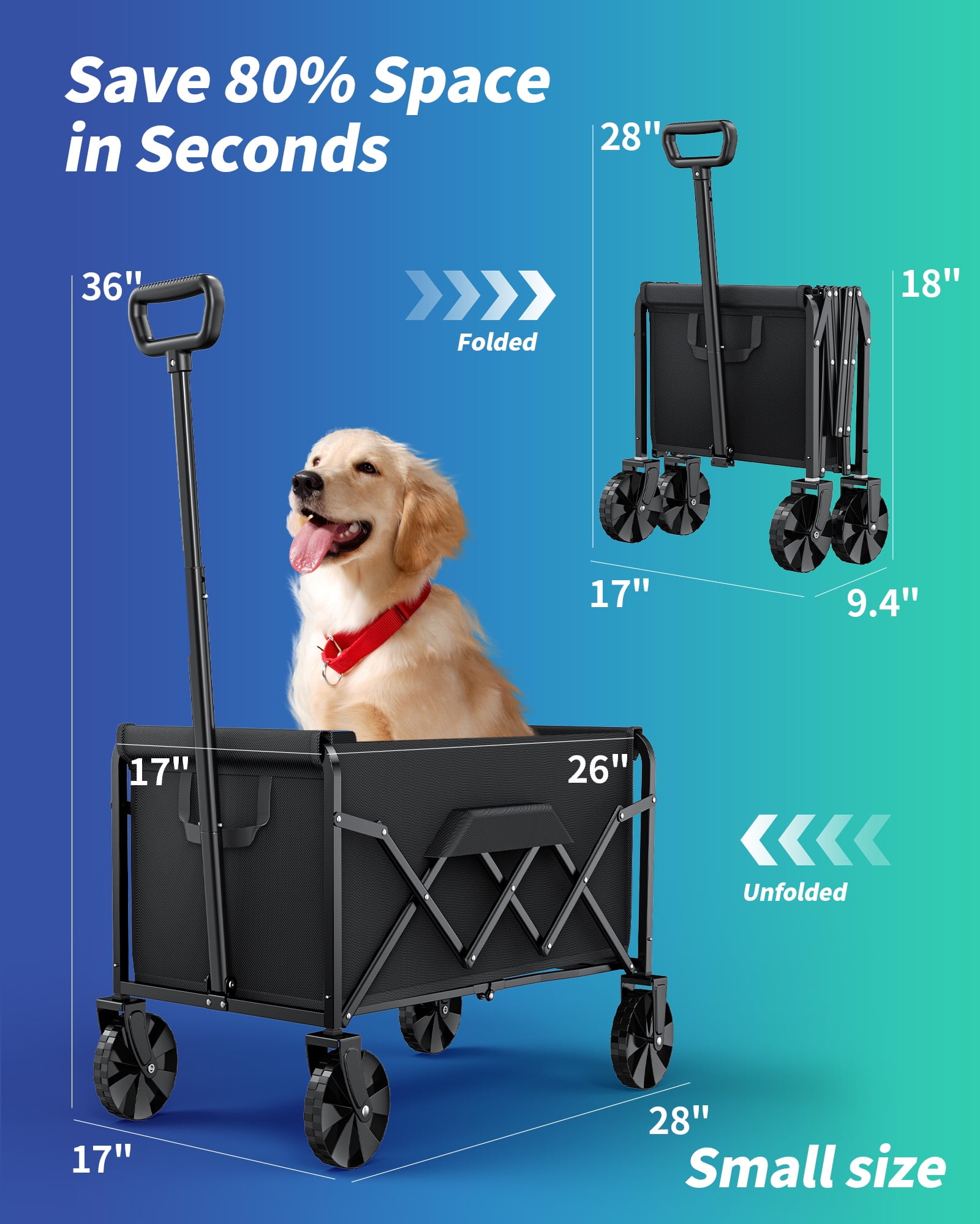 Sakugi Collapsible Wagon, 80L Capacity Heavy-Duty Wagon Cart with Foldable Structure, Shopping Cart with Wheels for Camping, Sports, 28" x 17" x 36", Black