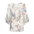 thumbnail image 4 of Beige Ladies Ruched Tshirts Flower Print Loose Fit Tee Tops for Women Ruffle 3/4 Length Bell Sleeve V Neck Spandex Casual Summer Fall Shirts 2025 Clothing L, 4 of 4