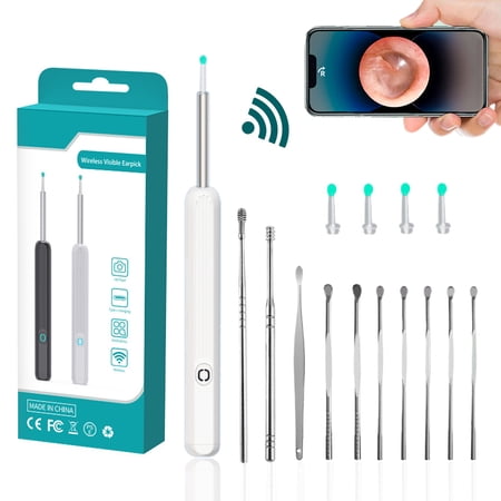 Gegong Ear Cleaner with 10 Pieces Earpicks, Ear Wax Removal Tool, 1296P HD Smart Visual Earwax Remove Kits 4 Ear Tips Replacement and 6 LED Lights (White)