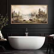 IDEA4WALL Extra Large Framed Canvas Print Wall Art Misty Autumn Forest with Wildlife Artwork Nature Wilderness Vintage Inspired Pastel Antique Fine Art Decor Relax/Calm for Rooms Decor - 60x30