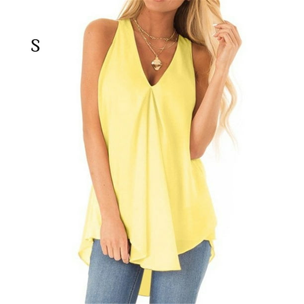 Camisa Sin Mangas Gasa Mujer Top Con Cuello En V Paño De Verano Suelto, Amarillo, S Inevent AP002127-36