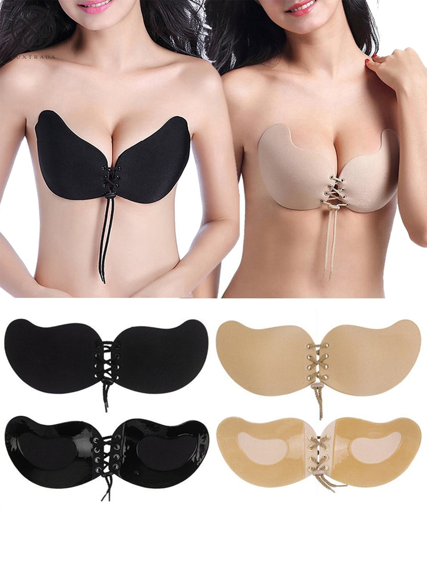 B, Black Ladies Reusable Invisible Strapless Self Adhesive Push-up Bra Stick On Gel Backless Silicone Bras for Women