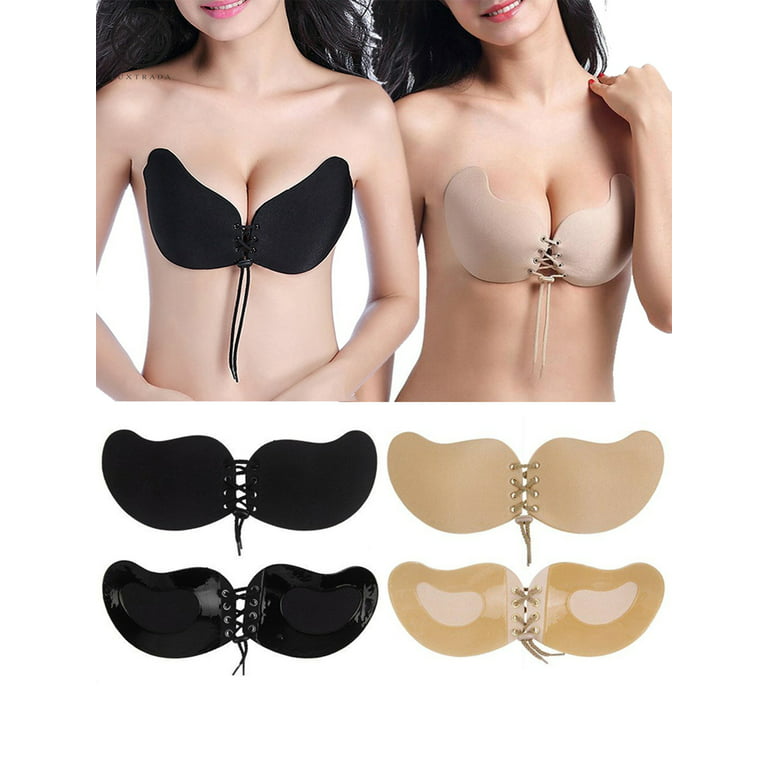 Luxtrada Women's Push Up Strapless Backless Bra Reusable Self Adhesive  Invisible Silicone Sticky Bra 2pcs-Black+Skin,Cup B