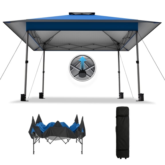 CROWN FIELD 13x13 ft Pop Up Canopy Tent for Outside, Patented One-Push Center Lock, Easy Setup Canopy Shelter, UPF 50 Top with Wheeled Bag, Blue
