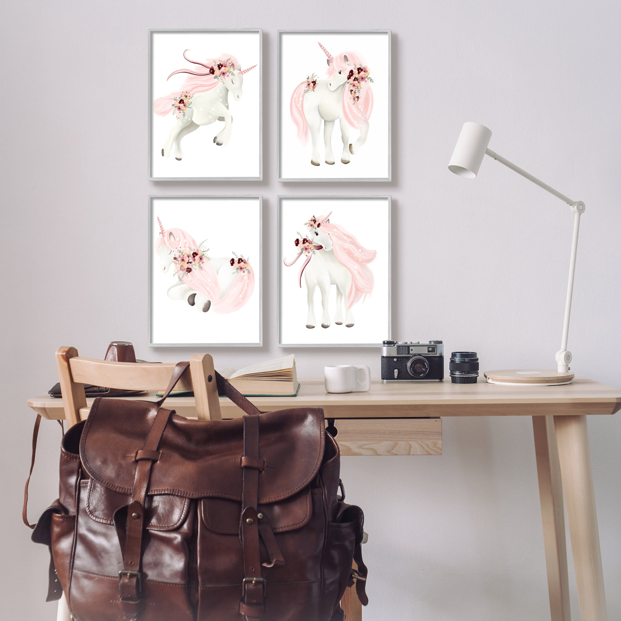 Stupell Industries Pastel Pink Unicorns Fairy Tales & Fantasy Painting Gray Framed Art Print Wall Art, 11 x 14