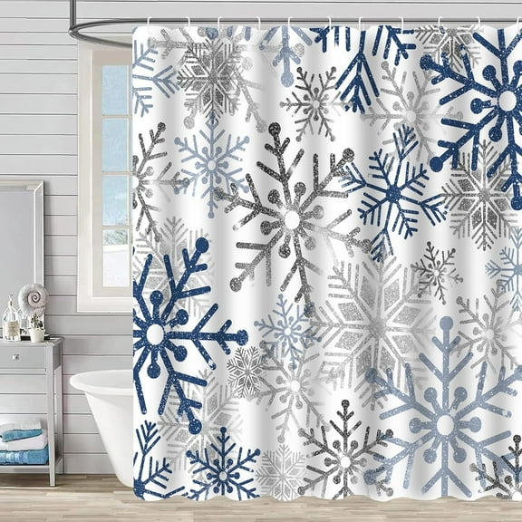 Christmas Winter Snowflake Shower Curtain, Silver Grey Blue Snowflake Xmas Holiday Shower Curtains for Bathroom Waterproof Fabric Bath Curtain 66x72 Inch with 12 Hooks