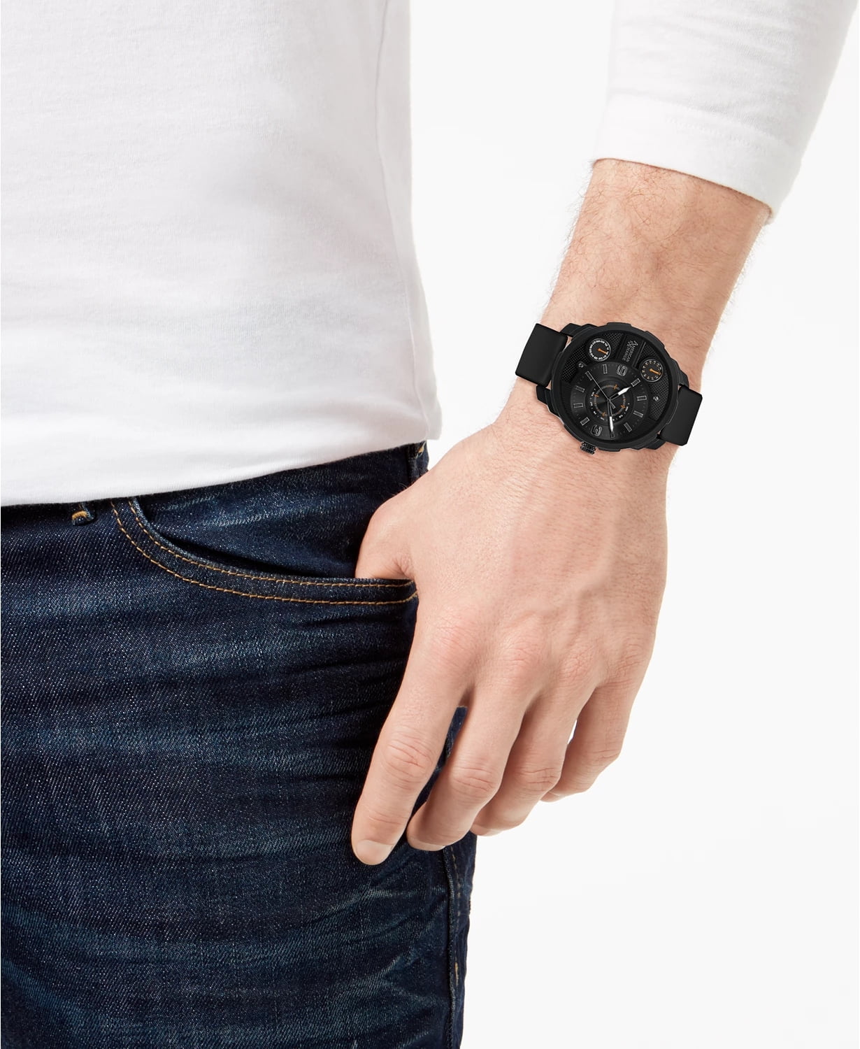 American Exchange Men's Watch Black Case, Black Strap, & Assorted Stackable Bracelets