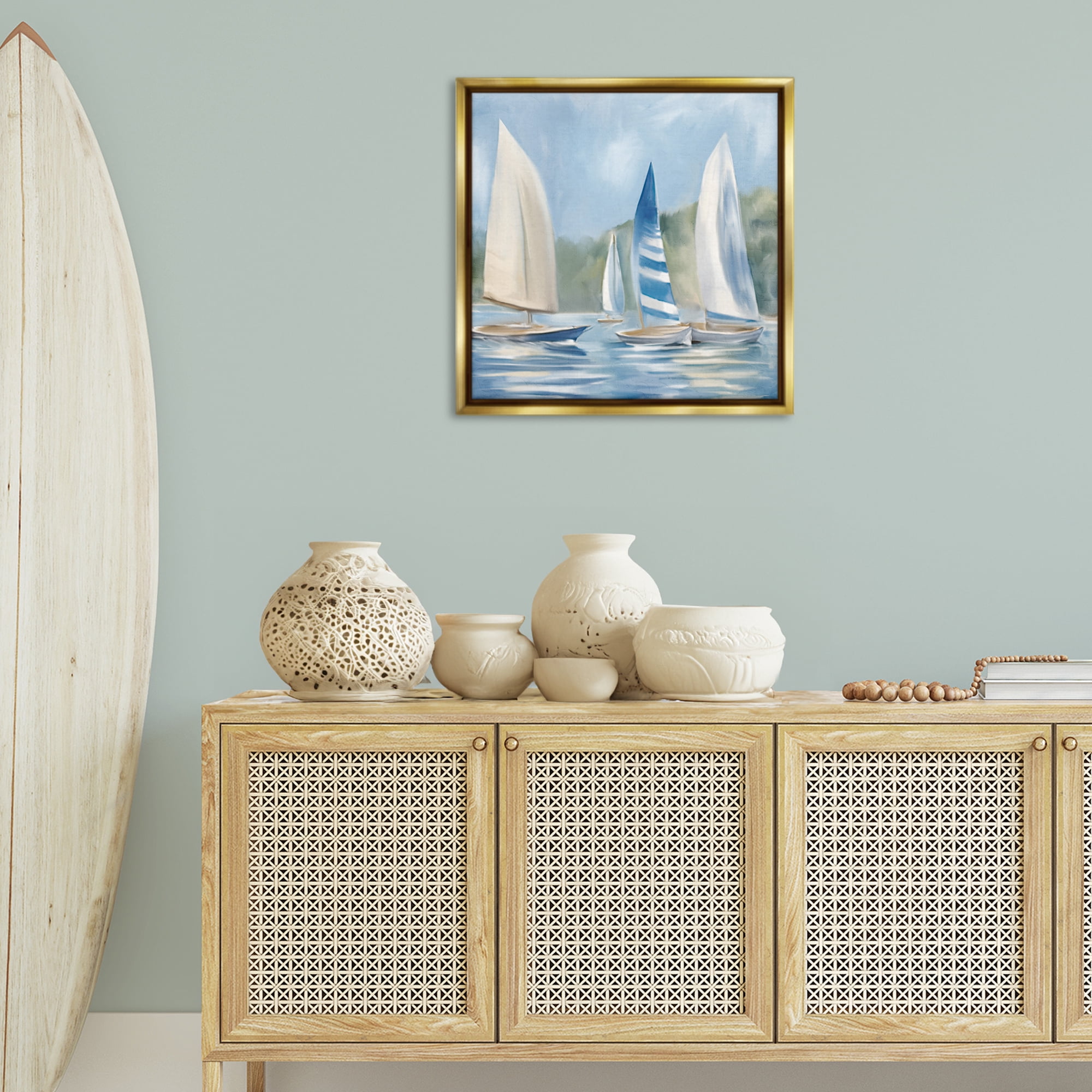 Stupell Industries Sailboat Day Painting Coastal Painting Gold Floater Framed Canvas Art Print Wall Art, 25 x 25