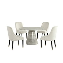 Luxury 5Pc Round Dining Set White Faux Marble Table Gold Beige Velvet Chairs