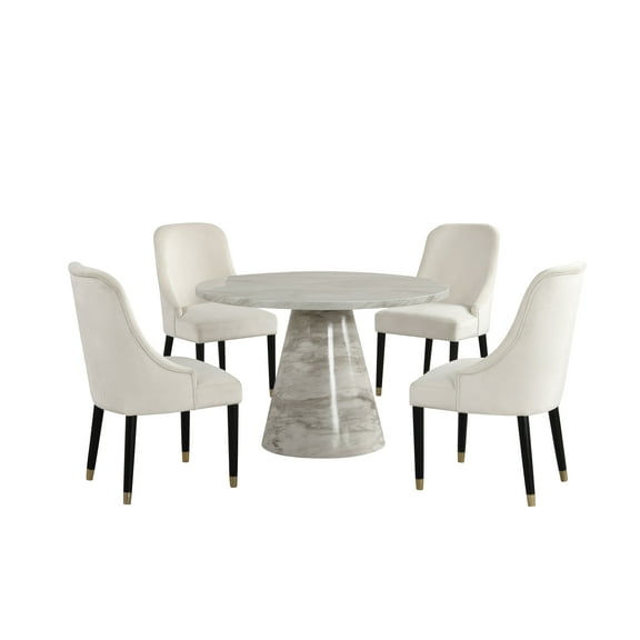 Luxury 5Pc Round Dining Set White Faux Marble Table Gold Beige Velvet Chairs