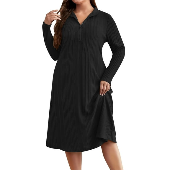 Ohufall Knee Length Dresses for Women Quarter Zip Turn-down Collar Casual Dress Ribbed Long Sleeve Plus Size Dresses
