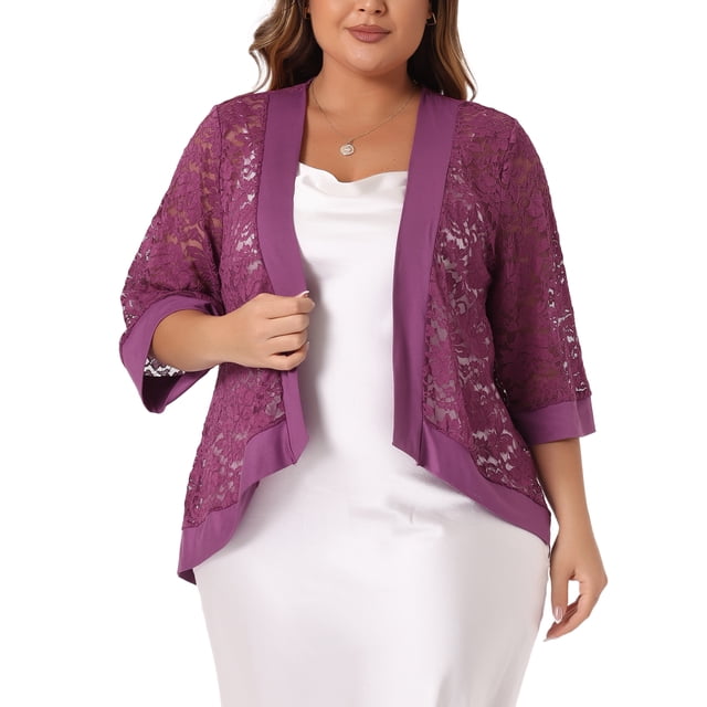 Cardigan de encaje de ganchillo para mujeres de tallas grandes Agnes Orinda para el Día de San Valentín, casual, de manga 3/4, ligero y transparente, cubre verano 1X púrpura