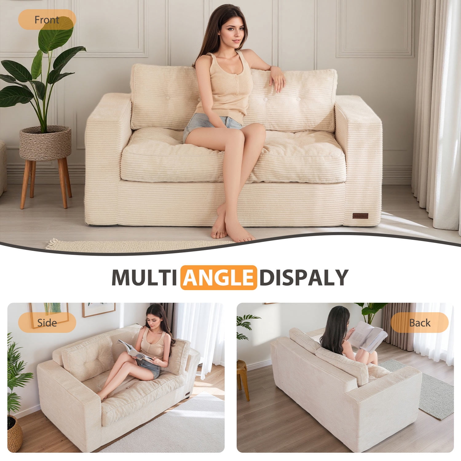 BYBYME Bean Bag Chair Sofa for Adults,Giant Large Loveseat Boneless Couch with Tufted Cushion & Backrest,Comfy Chair Lazy Sofa for Bedroom Living Room,Beige
