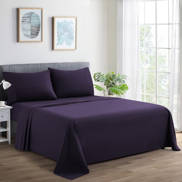 bedroom featuring Marina Decoration 600 thread count ultra soft deep pocket hotel standard solid eggplant percale cotton sheet set with fitted sheet, flat sheet, and pillowcases