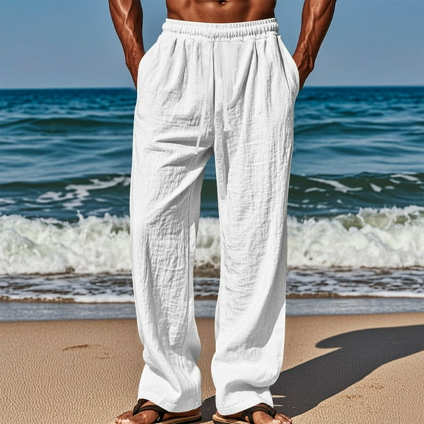 Ceisia Men's Cotton Linen Casual Pants Straight Leg Thin Baggy Loose Fit Lightweight With Elastic Waist Drawstring & Pockets White Gift