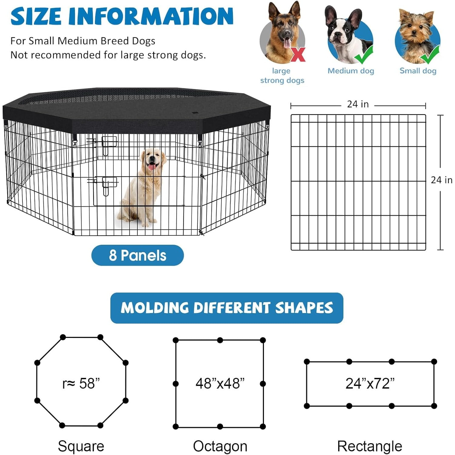 Dog Pen Pet Playpen Dog Fence Indoor Foldable Metal Wire Exercise Puppy Play Yard Pet Enclosure Indoor Outdoor 8 Panels 24 Inch with Bottom Pad/Top Cover (Black with top Cover)