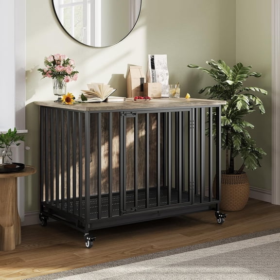 Rugerasy 39Inch Wooden Pet Cage Indoor,Heavy Duty Dog Crate Furniture with Wheels,Dog Kennel Furniture with Removable Tray,Decorative Side End Table for Small Medium to Large Breeds,Black
