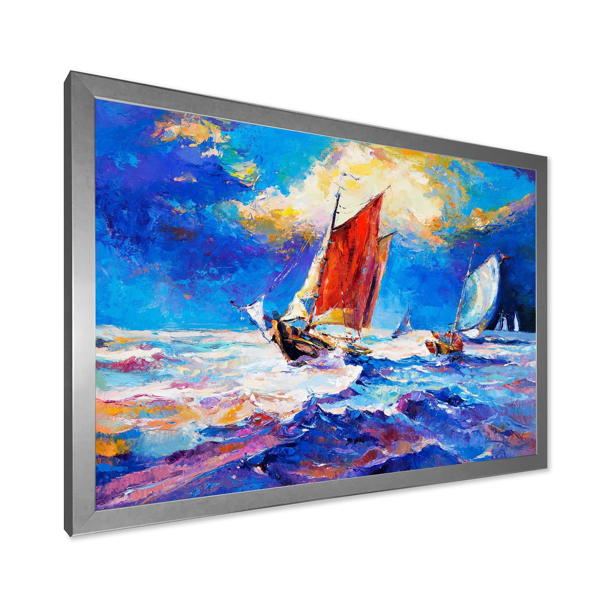 Sail ships On The Ocean Waves During Evening 20 in x 12 in Framed Painting Canvas Art Print, by Designart