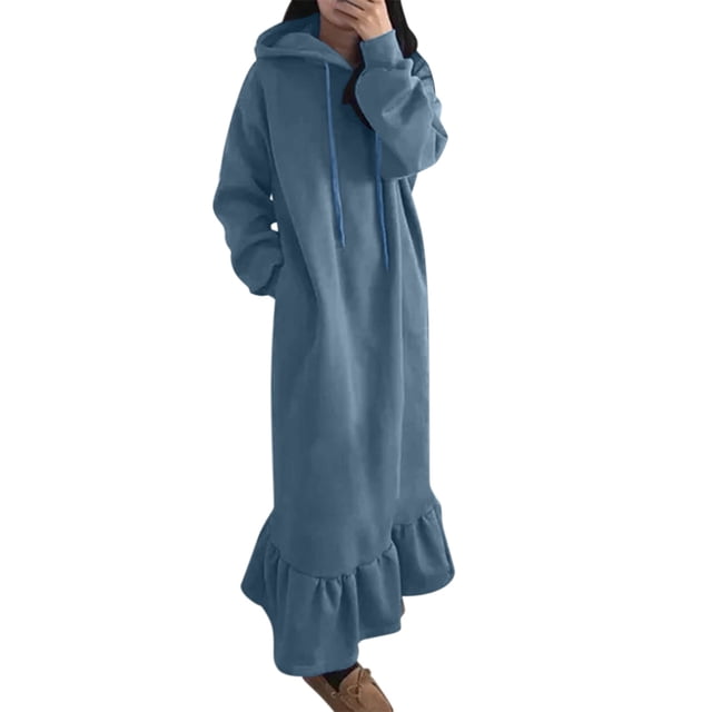 Vestido holgado de manga larga con capucha y estampado liso para mujer talla grande - Vestido informal tipo sudadera con bolsillos, primavera/otoño/invierno