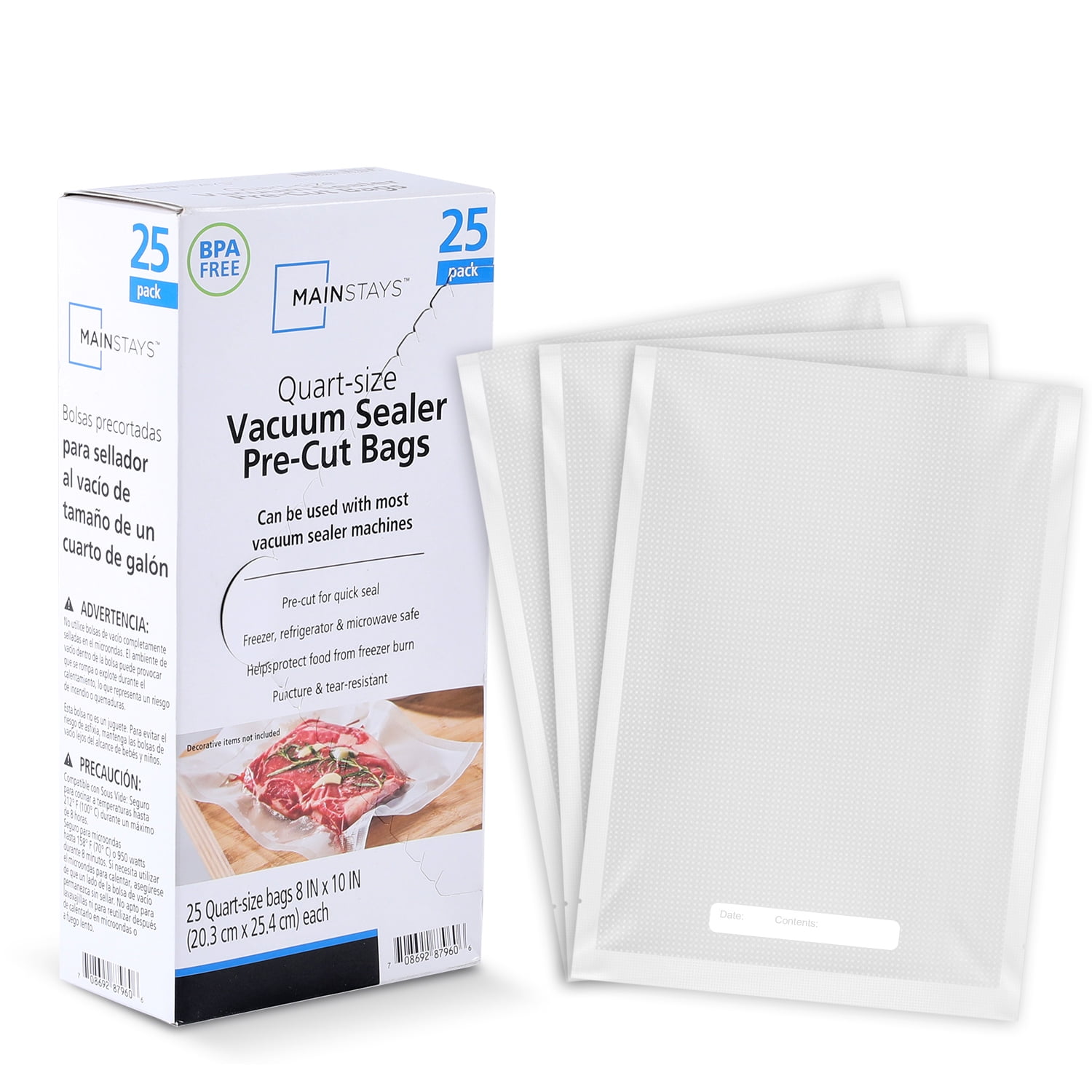 (2 pack) Mainstays Quart Vacuum Sealer Bags (8" x 12"), 25-Count BPA-Free Vacuum Seal Bags for Food Storage and Sous Vide, Works With All Brands Food Vacuum Sealer Machines