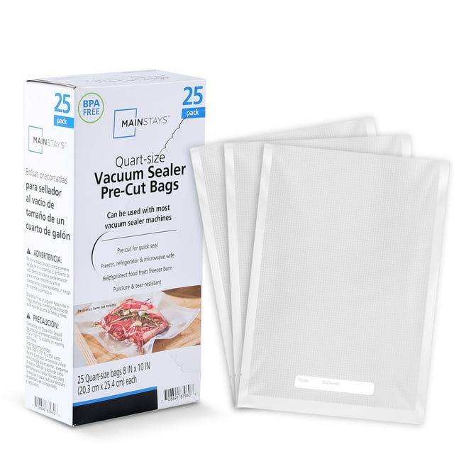 Box of Mainstays quart-size vacuum sealer pre-cut bags with 25 clear, puncture-resistant storage bags shown next to the packaging