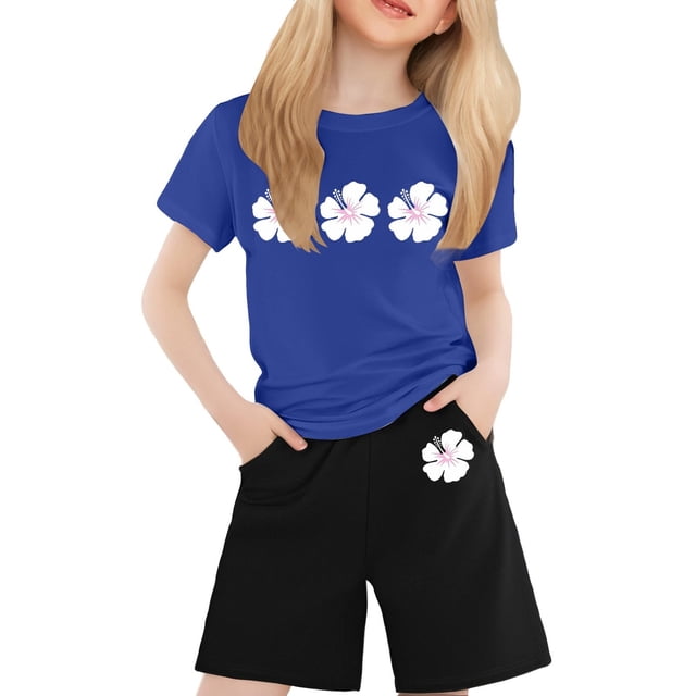 Tenue pour Bébé Fille T-Shirt à Manches Courtes Col Rond Imprimé Décontracté Vêtements pour Nouveau-Né Fille Bleu 6-7 Ans